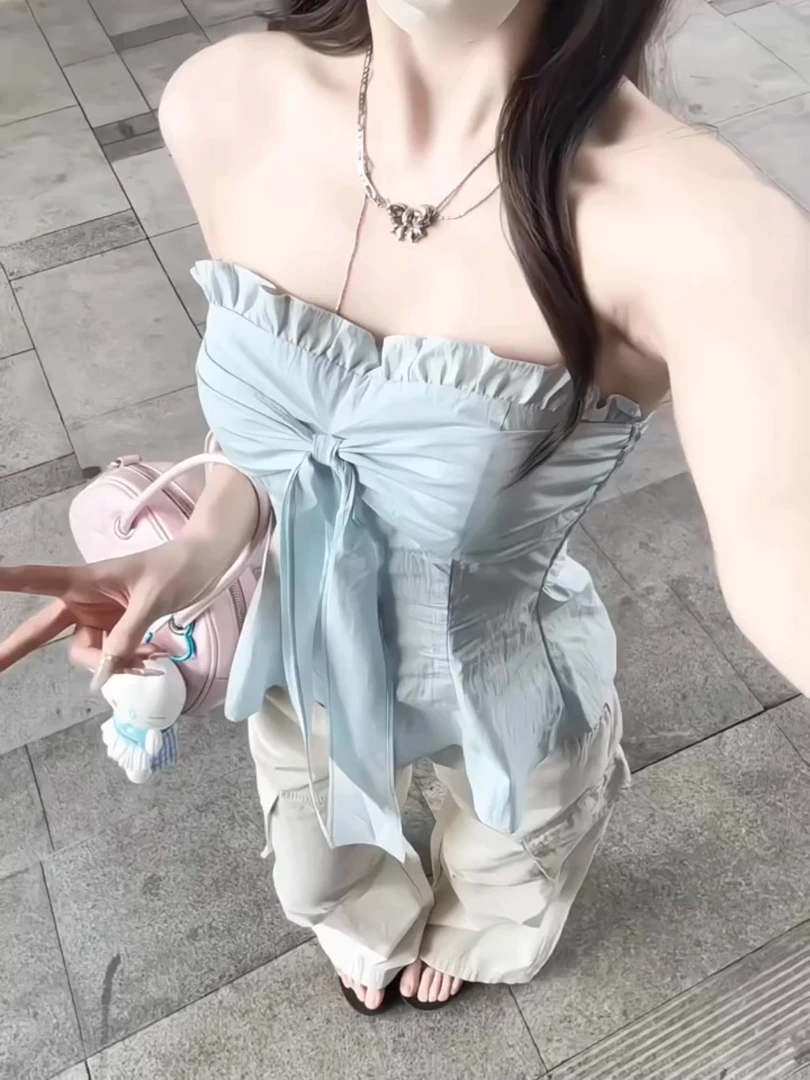 法式蝴蝶结设计蓝色抹胸背心女夏季纯欲bm风掐腰显瘦别致绝美上衣
