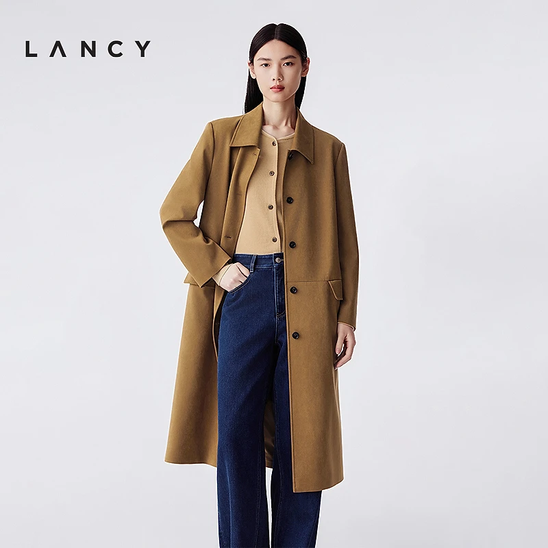 LANCY/朗姿2025冬新款复古驼色优雅翻领长款大衣女气