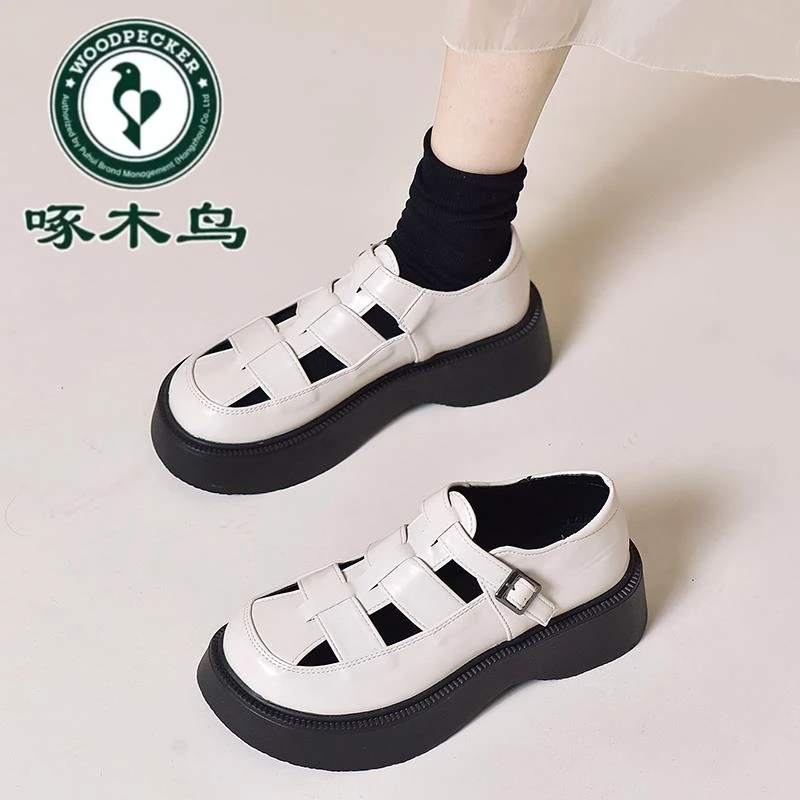 啄木鸟厚底凉鞋女夏外穿2025新款夏季百搭编织镂空休闲包头罗马鞋