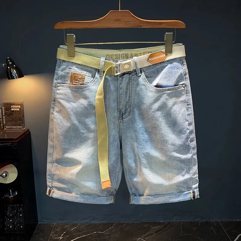 Cebrodz浅蓝色薄款牛仔短裤潮流男夏季直筒休闲五分裤皮带款高端