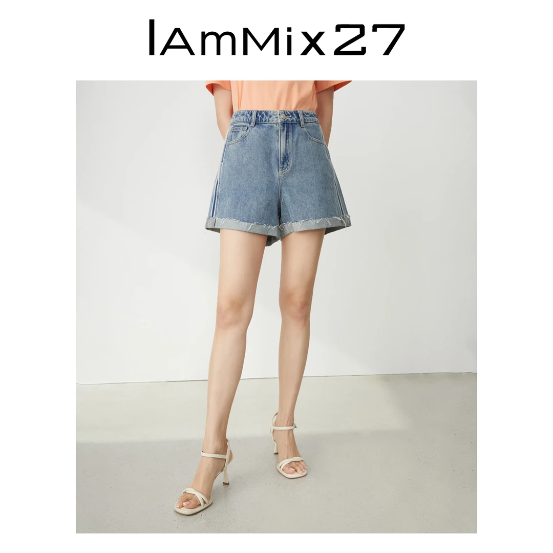 Iammix27复古牛仔短裤女简约百搭撞色毛须边侧缝直筒裤女M4B7059