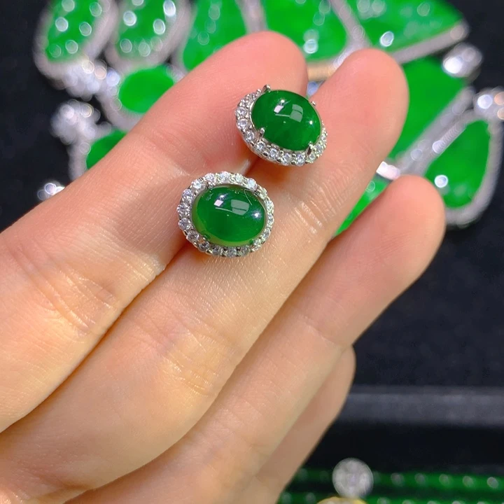 翡翠耳饰银S925镶嵌一对