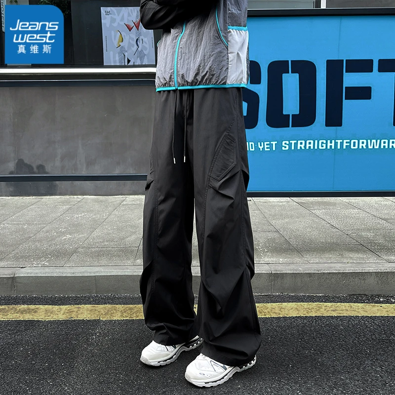 真维斯多口袋褶皱工装裤男款秋季徒步休闲裤高腰机能登山冲锋裤