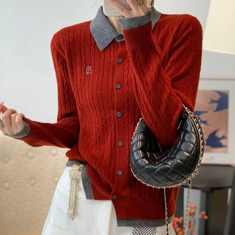 【香嘉怡新品】XJYE947女士上衣绵羊毛翻领开衫秋冬针织衫百搭时尚