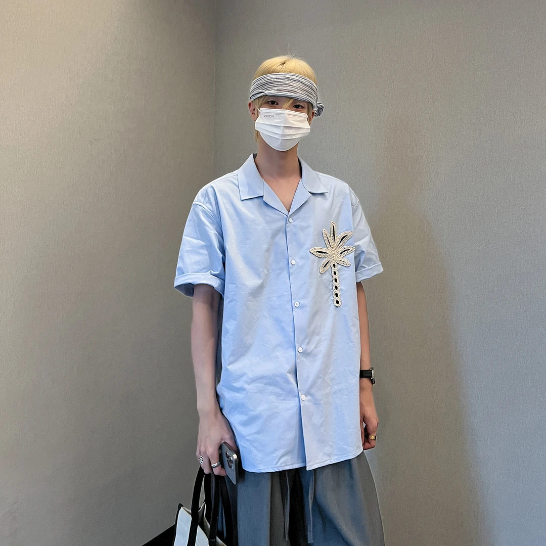 高林凡 韩版宽松休闲度假风椰树衬衫古巴领短袖男高级感凉感衬衣