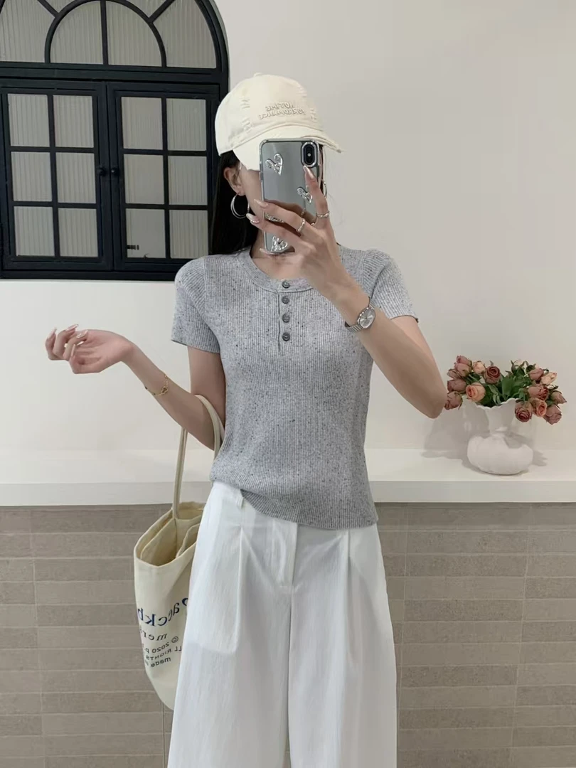 2025夏季新款设计感短袖针织衫女时尚洋气上衣显瘦休闲百搭修身圆