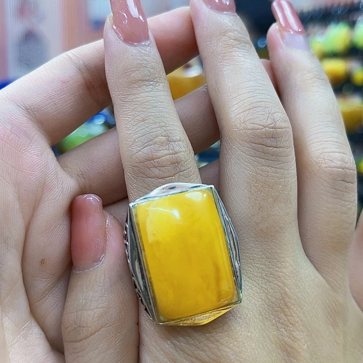 编***霸蜜蜡银S925镶嵌裸石戒指