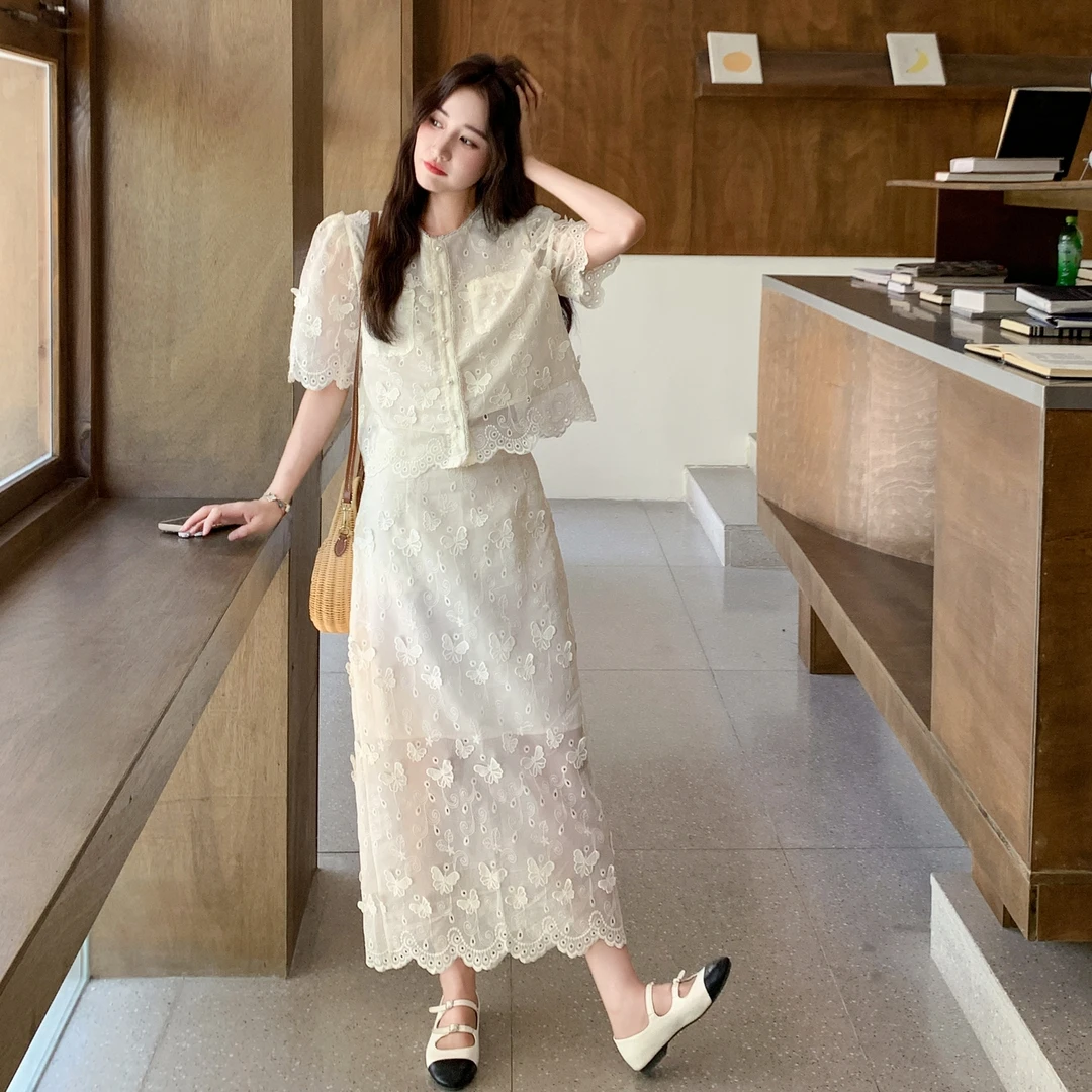 巨好看的夏装一整套2025新爆款重工法式蕾丝提花小衫半身裙两件套