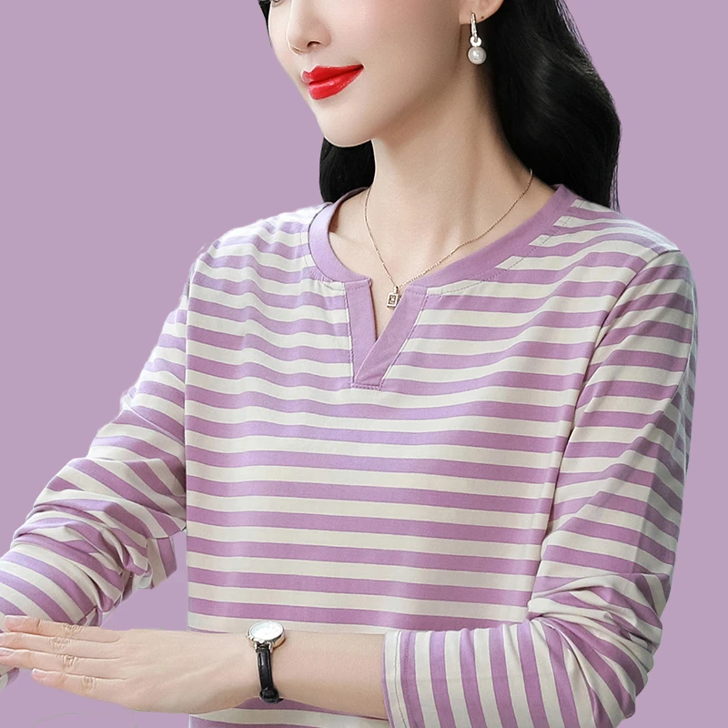 早秋新款纯棉条纹长袖t恤女中年妈妈宽松版型遮肚显瘦V领百搭上衣