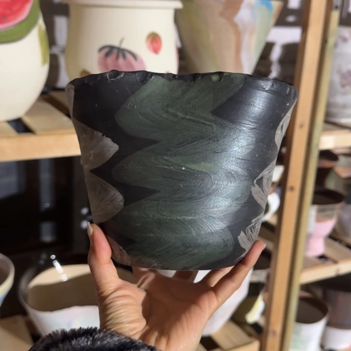 托特绿白刷色花盆