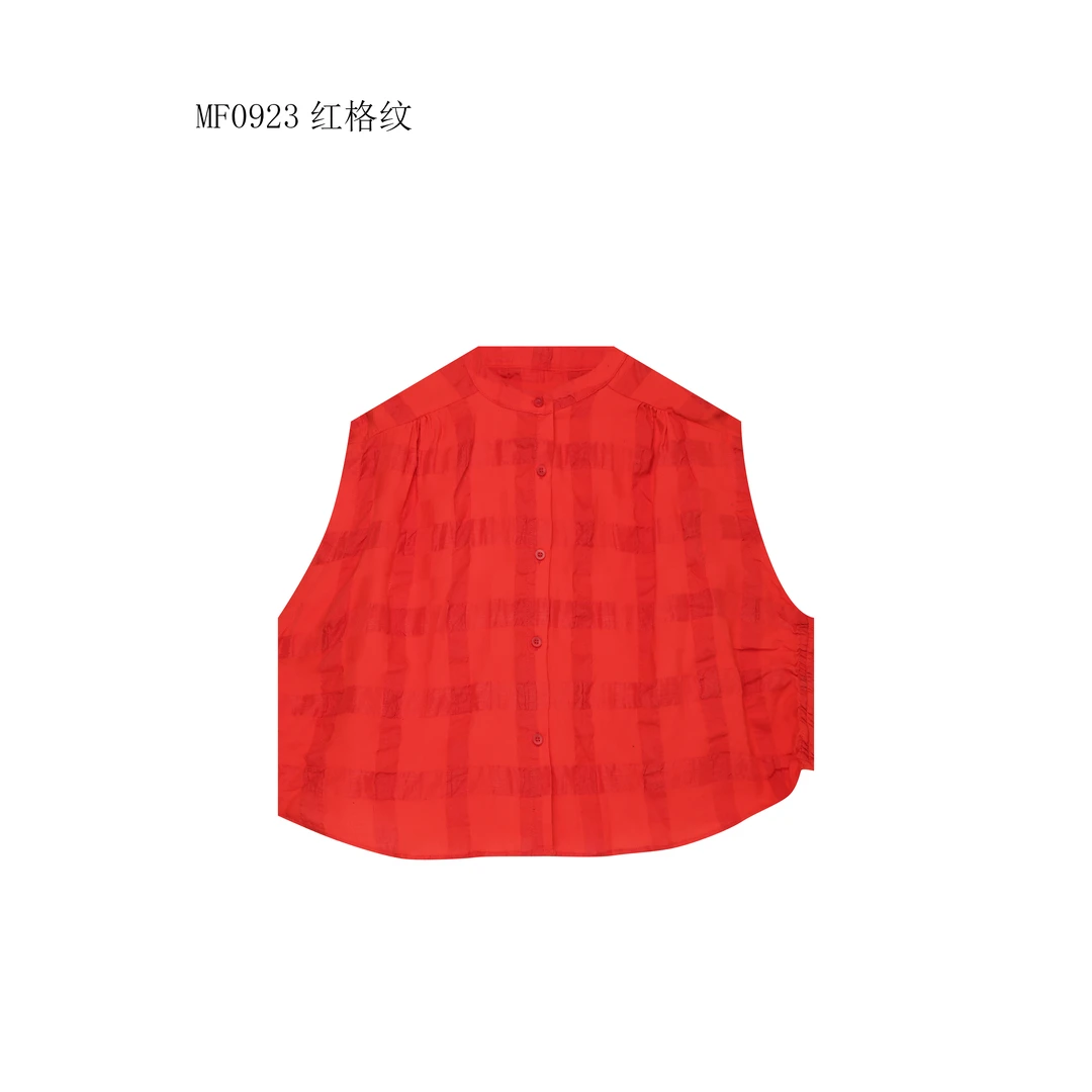 【麻訪家】MF0923红格纹文艺简约休闲百搭开衫坎肩上衣
