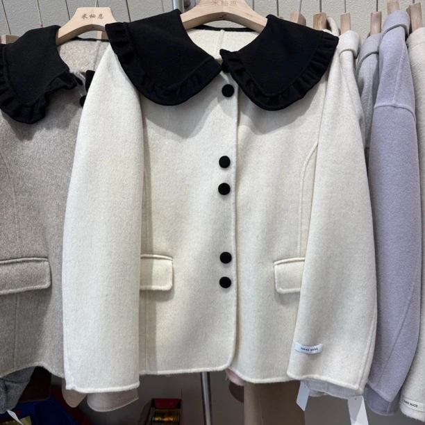 【花边领】双面呢时尚韩系手工羊毛大衣短款大方外套百搭小个子