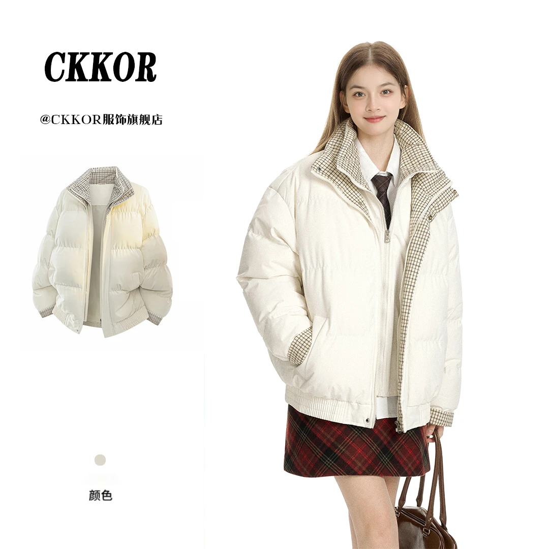 CKKOR加厚保暖立领棉服女冬季外套设计感时尚格纹休闲宽松面包服
