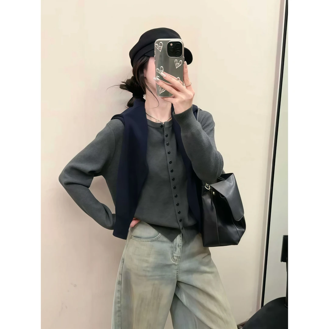 韩版休闲简约百搭圆领长袖针织开衫女秋季减龄小衫外套高级感上衣