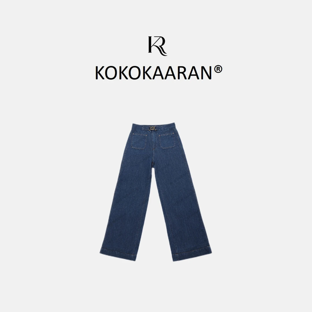 kokokaaran/可可咔伦【棉亚麻混纺】水洗金扣直筒高腰牛仔裤250331