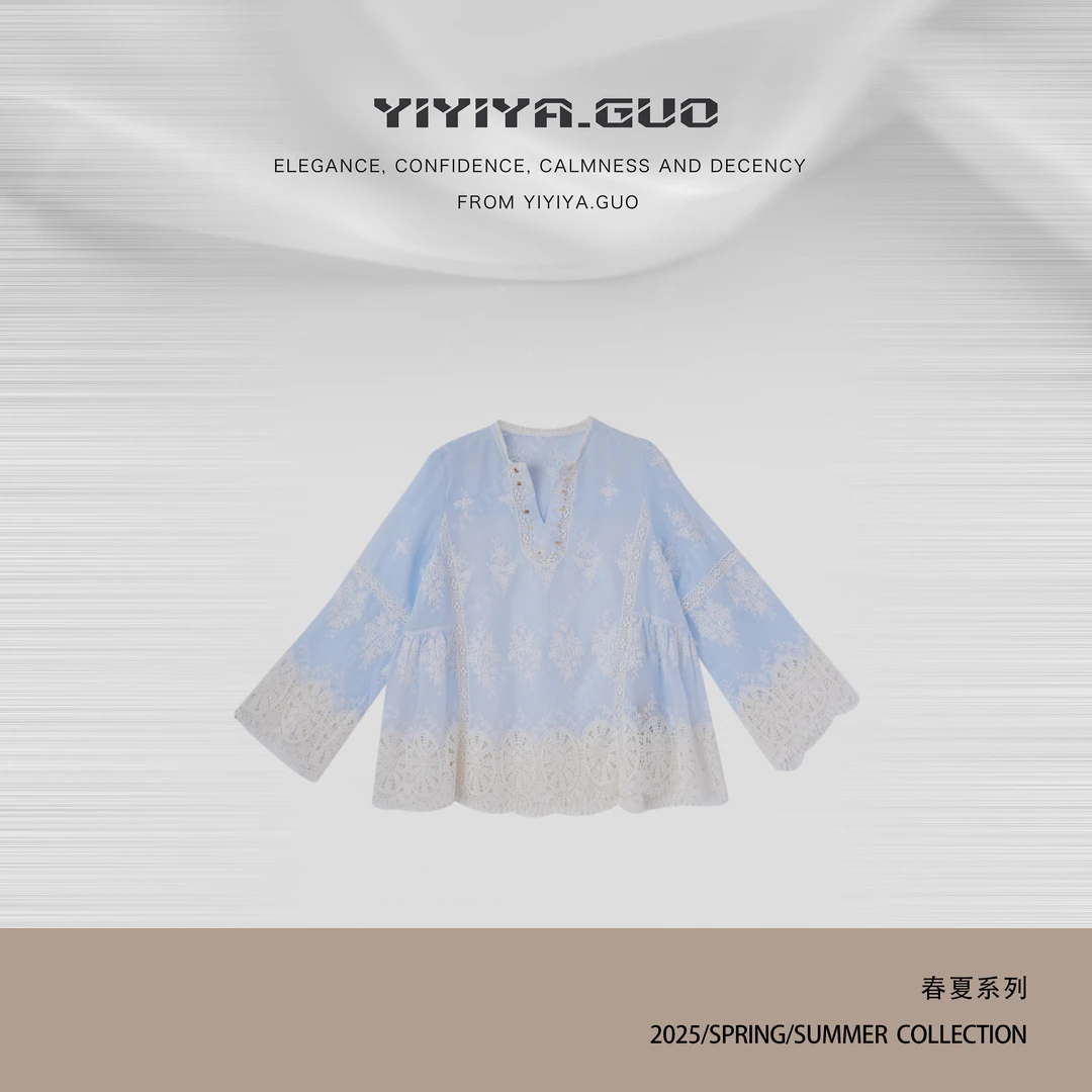 yiyiya.Guo艺艺吖蕾丝衬衫刺绣镂空设计感洋气上衣0570SS52