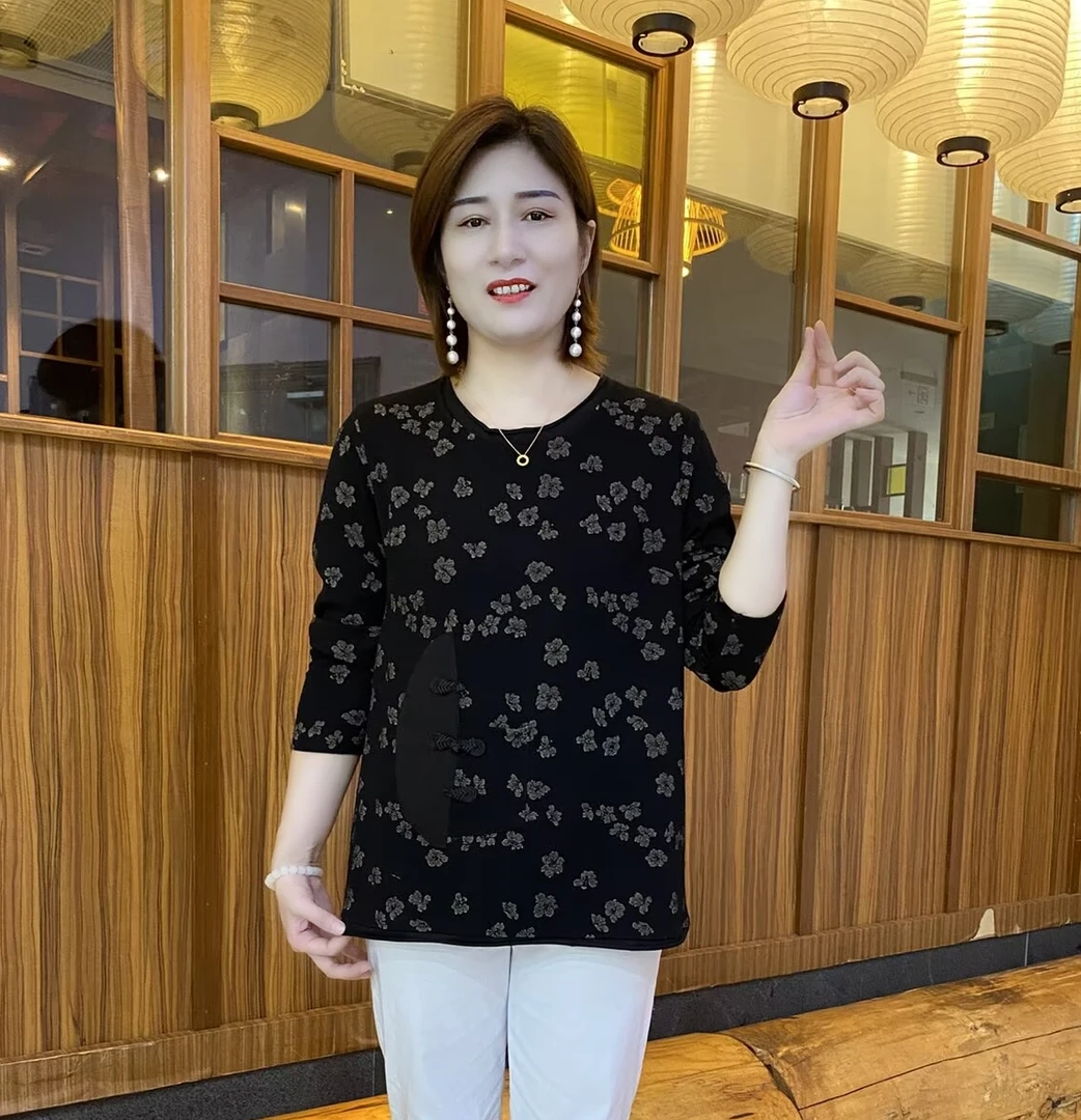 秋季新款圆领宽松型休闲百搭印花时尚国风气质中老年女装