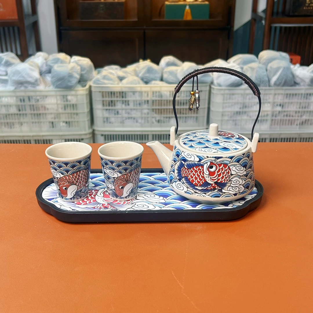 ZH3372-海浪锦鲤提梁壶带两杯带茶盘