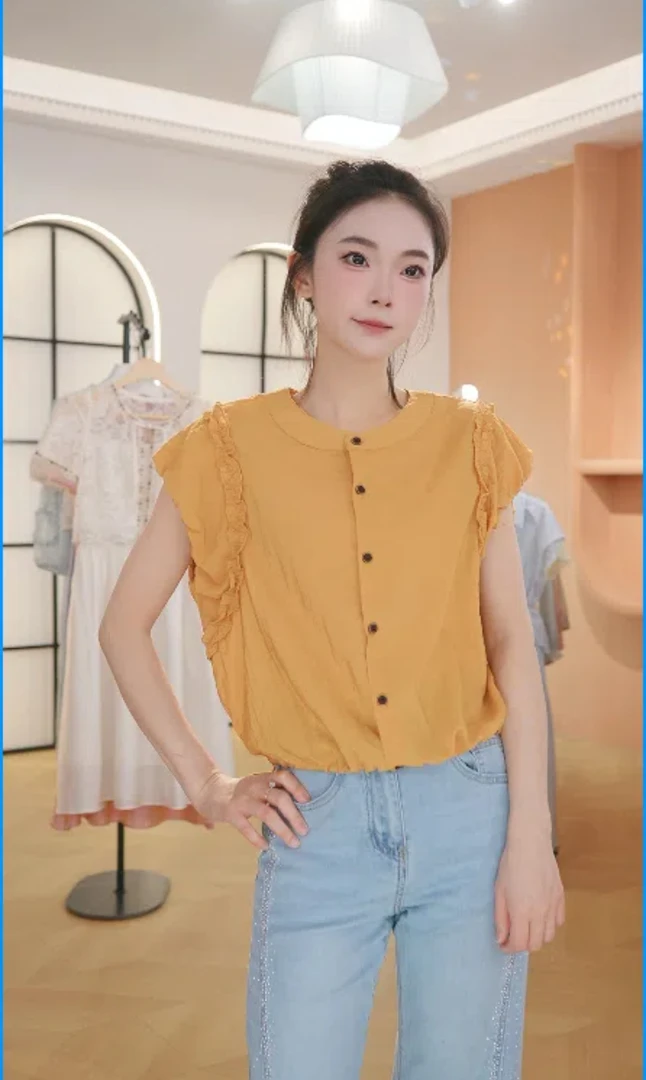 F花边短袖木耳边衬衫夏圆领时尚洋气小衫宽松显瘦上衣潮流