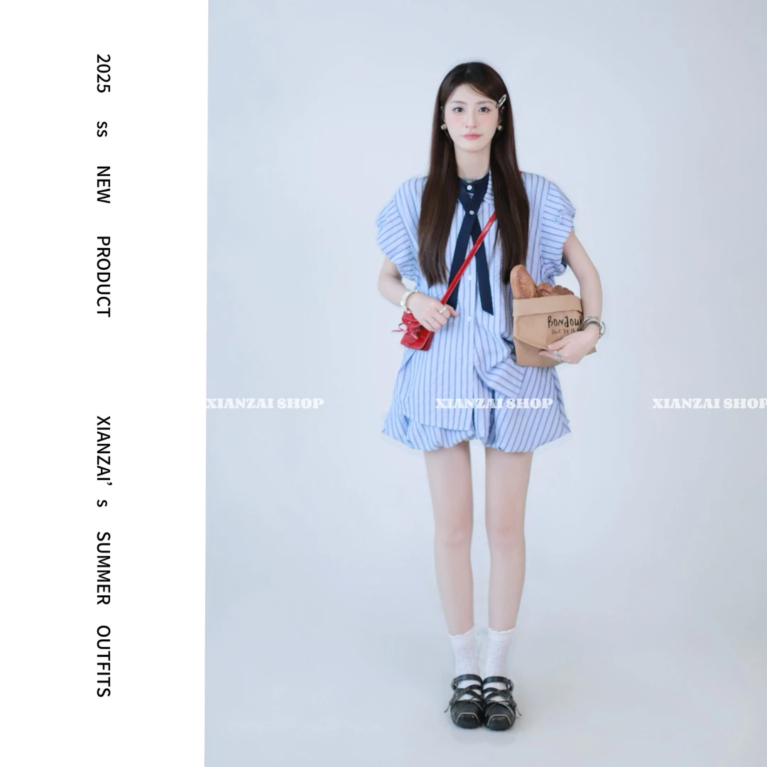 XIANZAI【森林城堡】夏季新款可拆领结珍珠蝴蝶结衬衫短裙两件套装