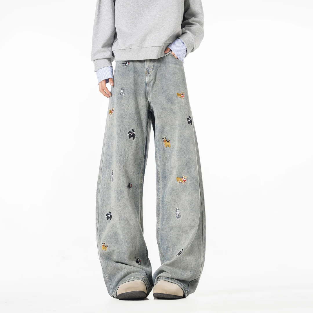 美式复古水洗刺绣牛仔裤男女高街痞帅百搭直筒宽松阔腿休闲裤潮流