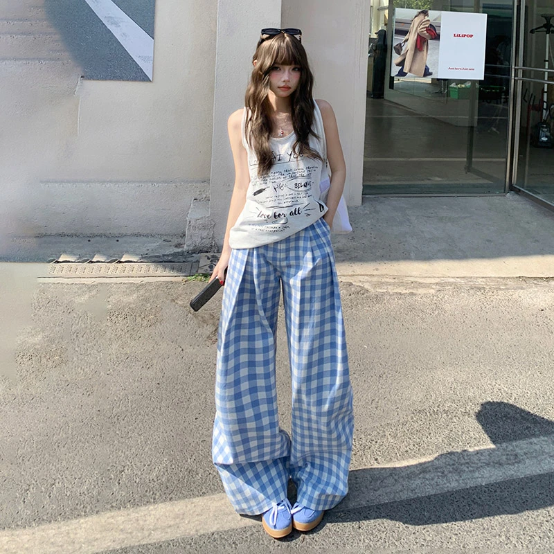OROI复古高腰宽松阔腿裤显瘦格子休闲裤女慵懒风春夏新款