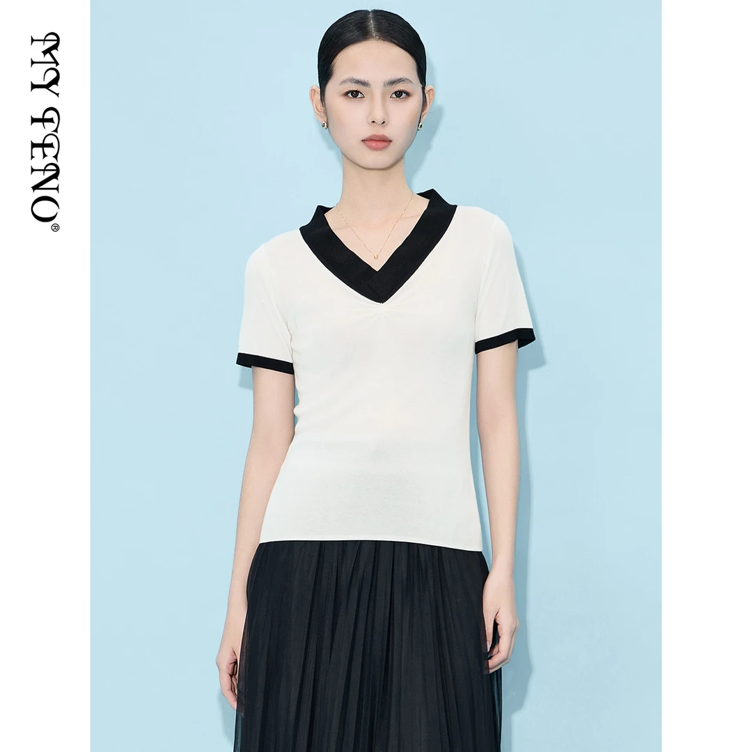 【众心】马天奴白色莱赛尔V领针织衫短袖上衣小衫女装VHS365SWH0