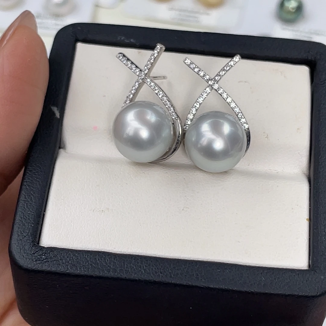 海水珍珠耳饰银S925镶嵌澳白福袋耳钉12.4mm
