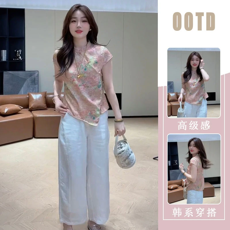 大码女装慵懒中国风碎花宽松短袖上衣2025夏季新款新中式时尚套装