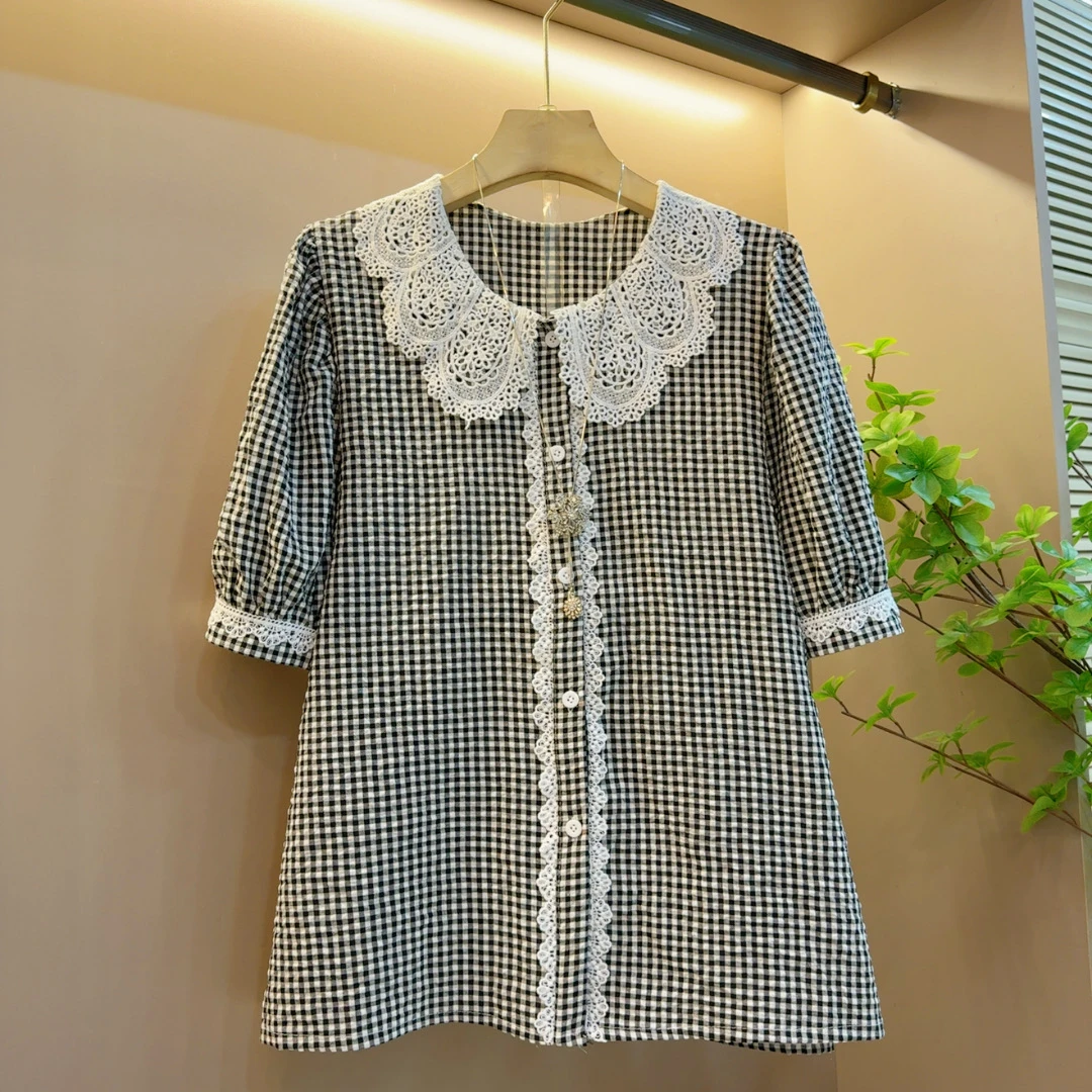 夏季韩系爆款气质洋气减龄法式格子娃娃领衬衫短袖上衣（长60左右）