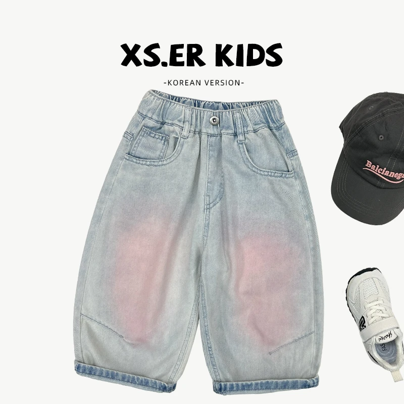 【小首尔】原版-现货-2025夏季儿童韩版简约宽松七分牛仔裤HBB6983