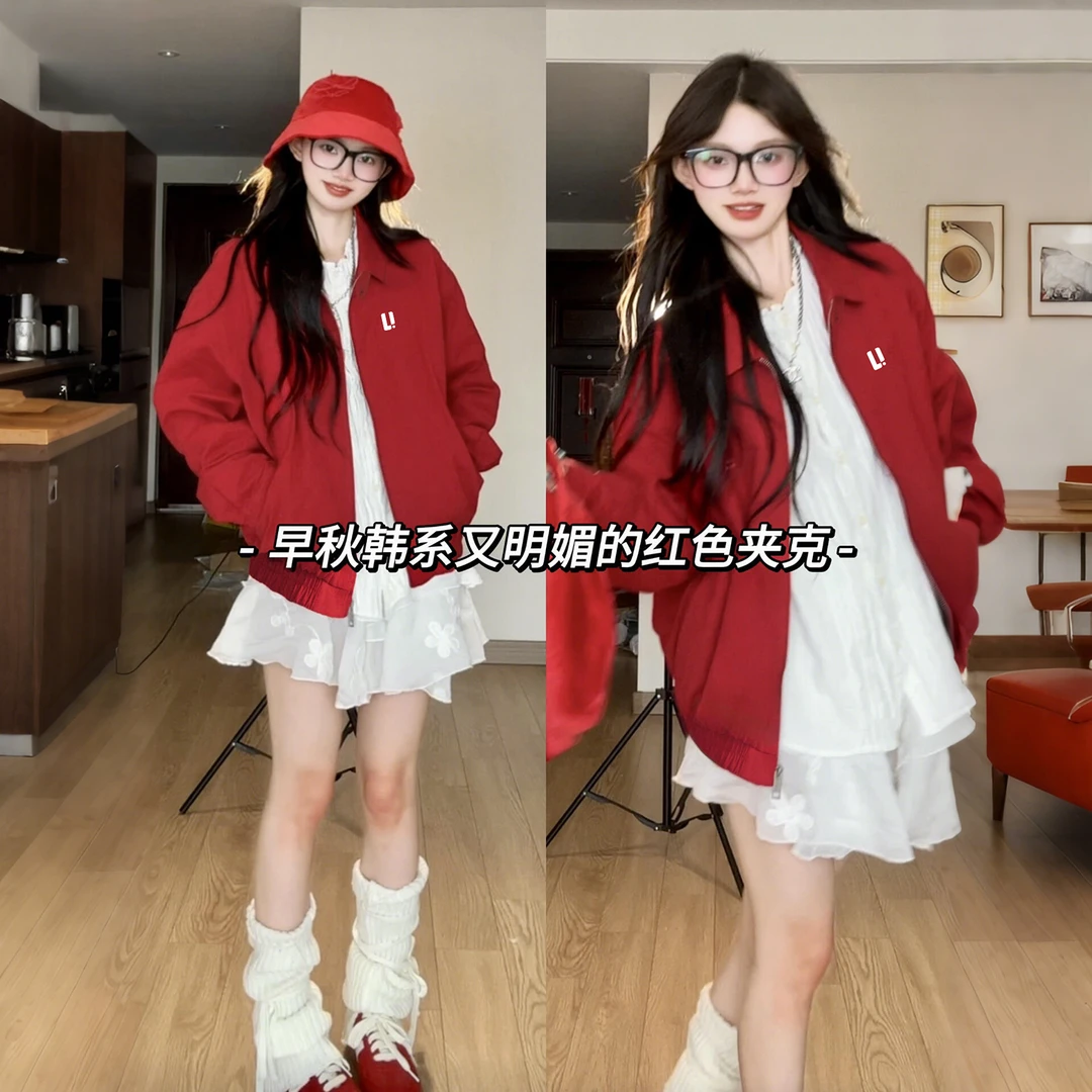 红色女式棒球外套女早初秋季2025新款爆款独特漂亮的巨好看夹克