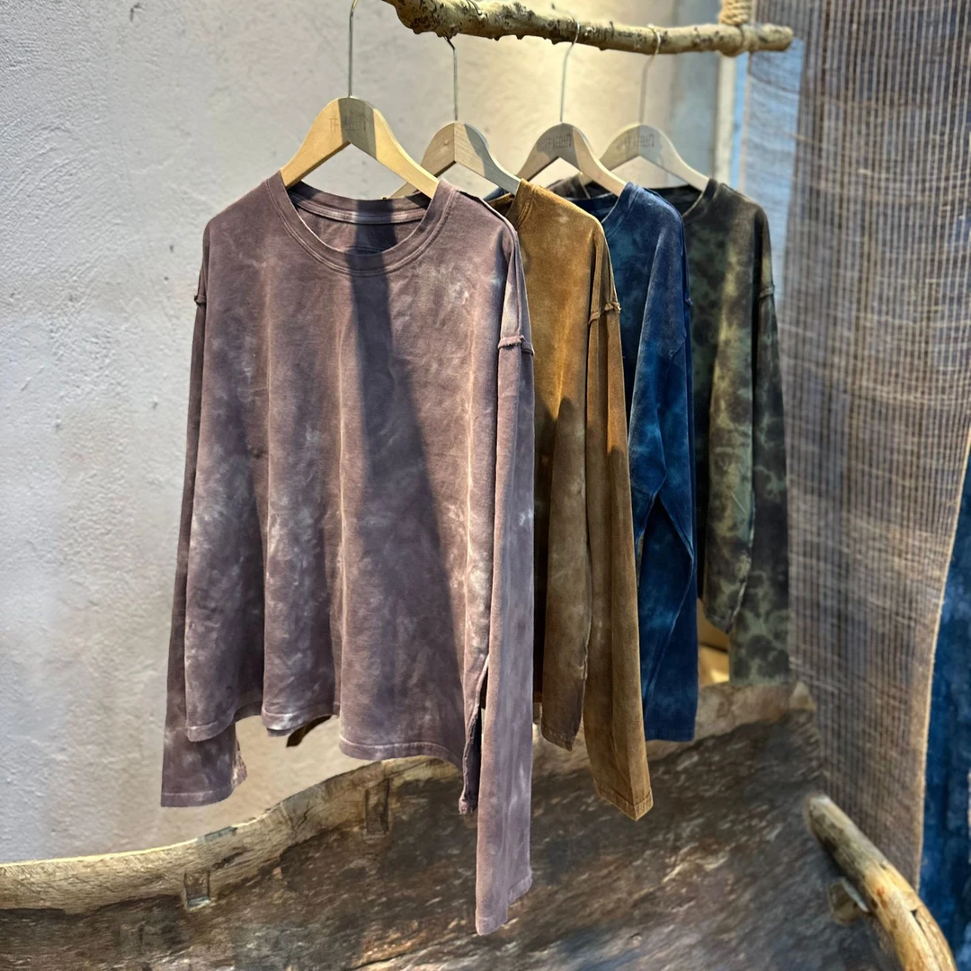 928麻淑儿春季高品纯棉扎染宽松百搭t恤复古做旧休闲减龄套头卫衣