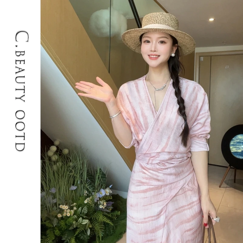 高品质-法式浪漫夏款收腰扎染印花亚麻连衣裙