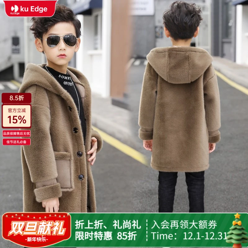 韩国男童秋冬羊绒外套新款毛呢大衣儿童洋气加绒中大童皮毛一体潮