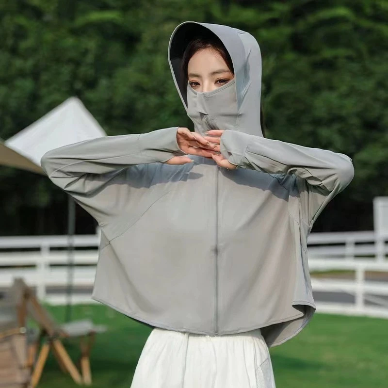 黑胶帽檐斗篷防晒衣女夏新款冰丝宽松透气防紫外线运动防晒服百搭