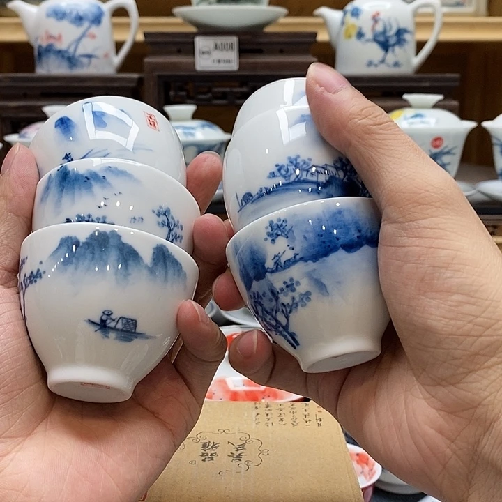 手绘烟雨江南杯子6个装60cc釉下彩微瑕福利款