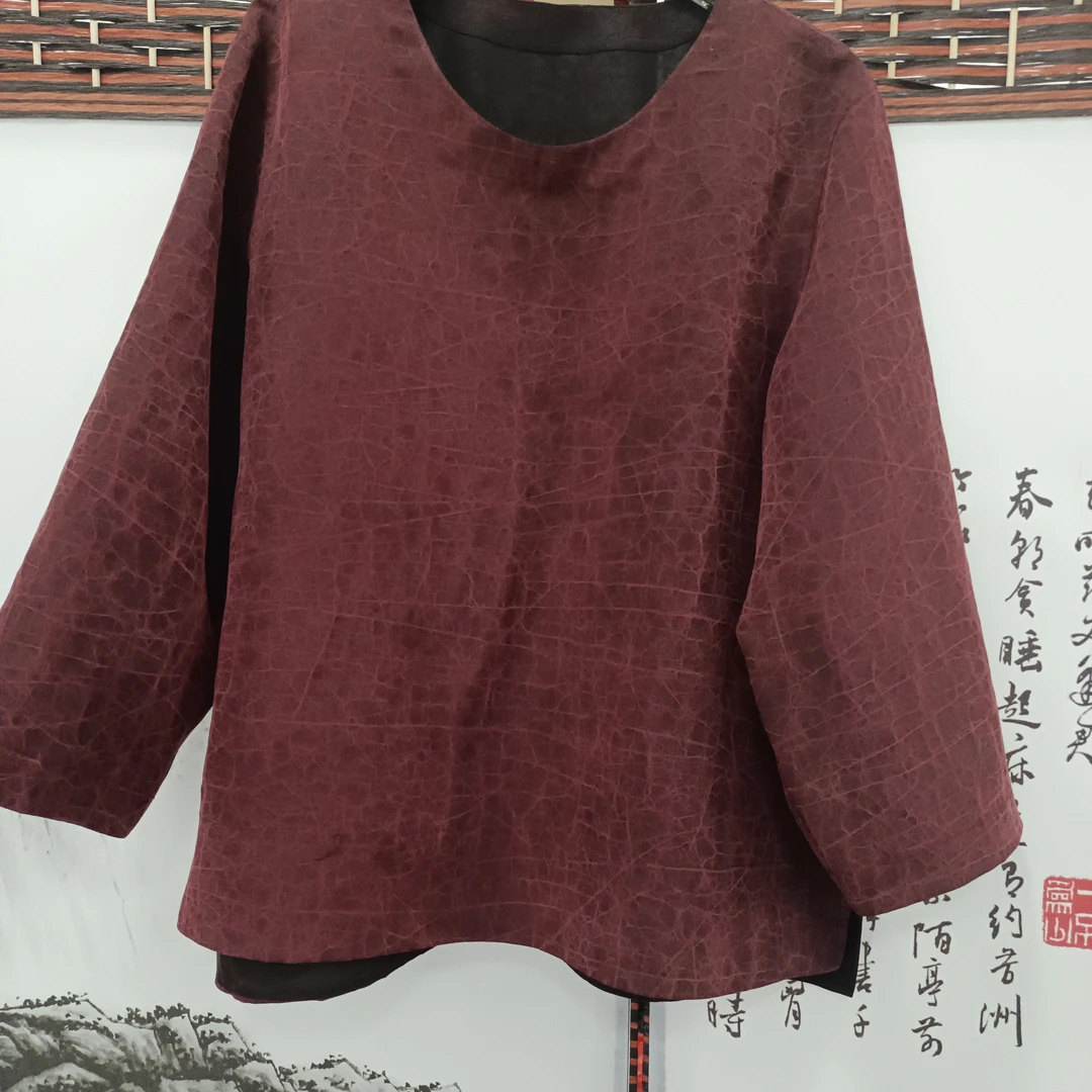 圆领双面穿红龟裂纹香云纱九分袖上衣C017