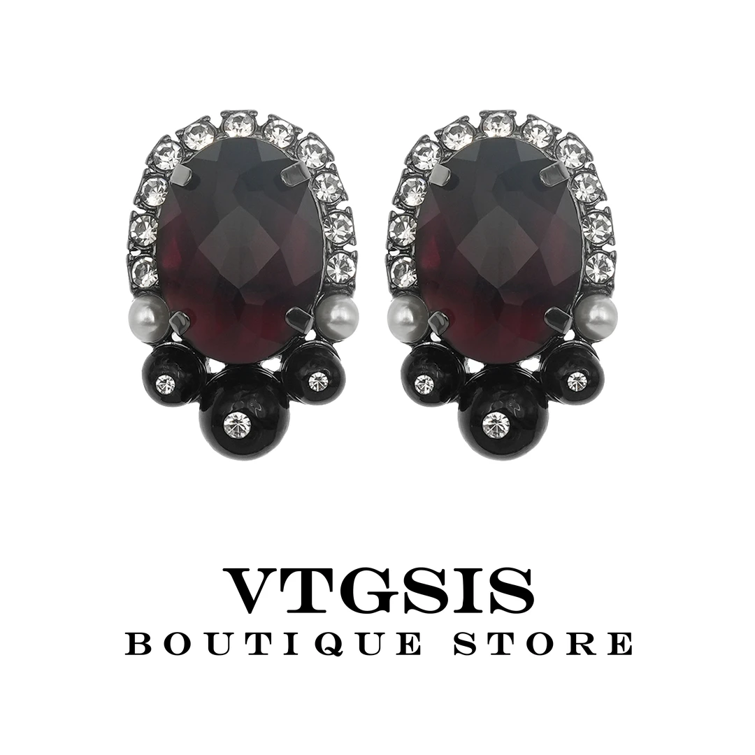 合金耳饰 22302紫红色椭圆耳夹时尚百搭镶嵌耳饰