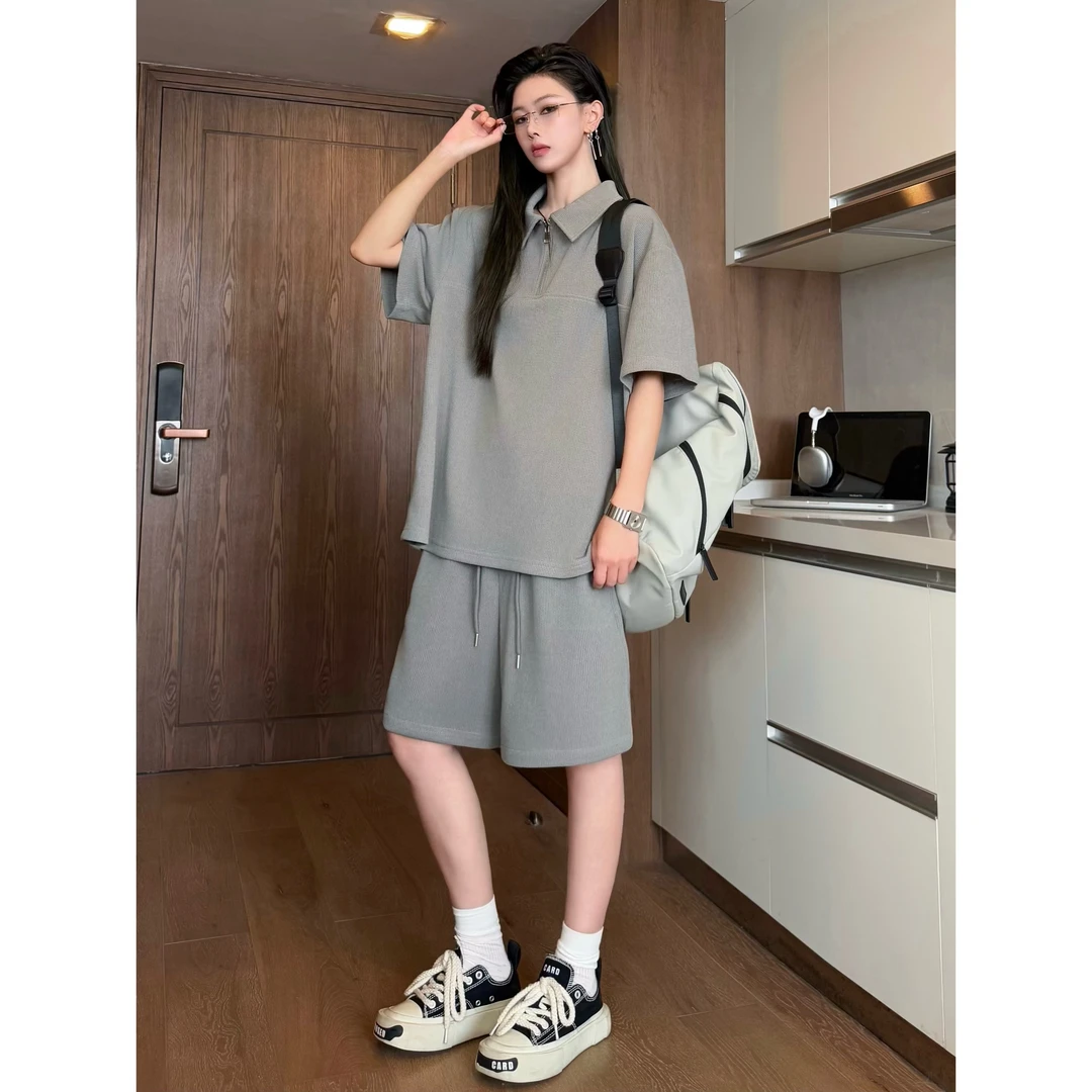 三七-【针织短袖套装】夏季薄款凉感慵懒风polo衫半袖T恤两件套男