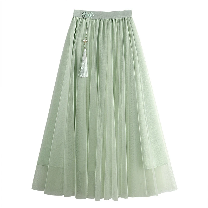 新中式国风网纱半身裙秋冬女新款高腰显瘦a字中长裙