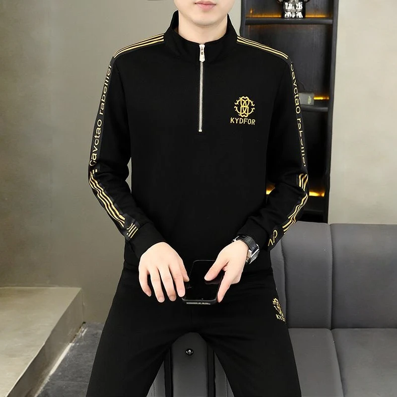 欧货时尚卫衣套装男轻奢高端修身半拉链刺绣长袖长裤两件套潮