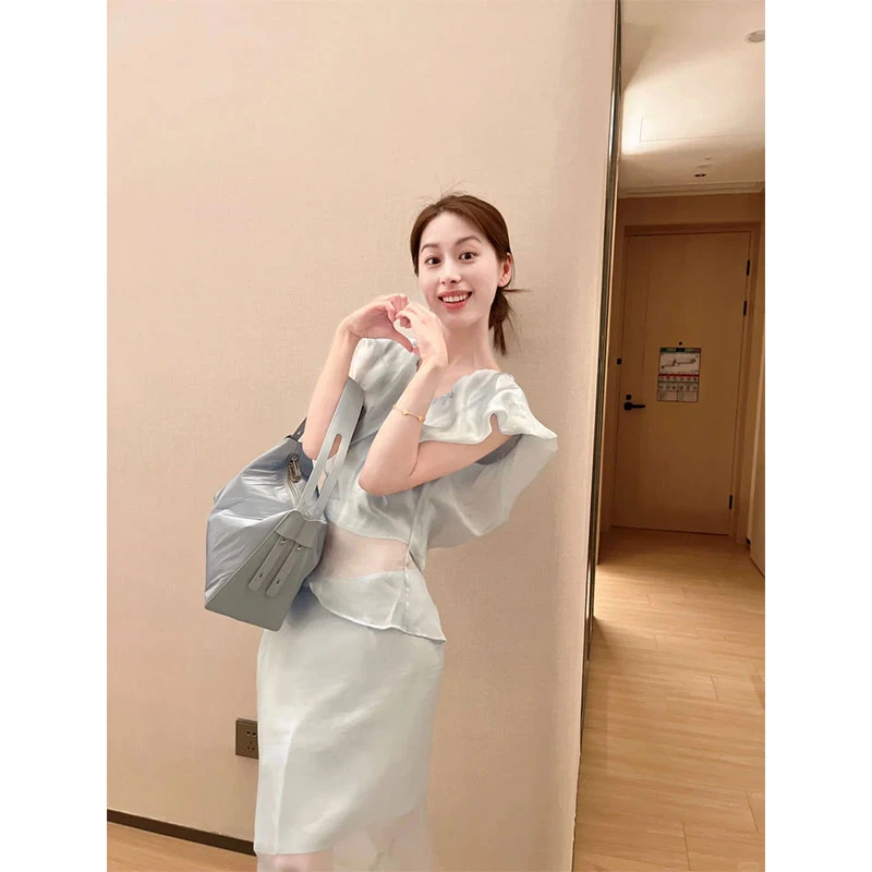 2025夏新款V领优雅浪漫设计感泡泡袖上衣透纱拼接设计感一步半裙