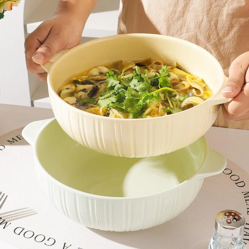 大容量奶油风双耳陶瓷竖纹大汤碗创意家用面碗高颜值防烫汤碗餐具