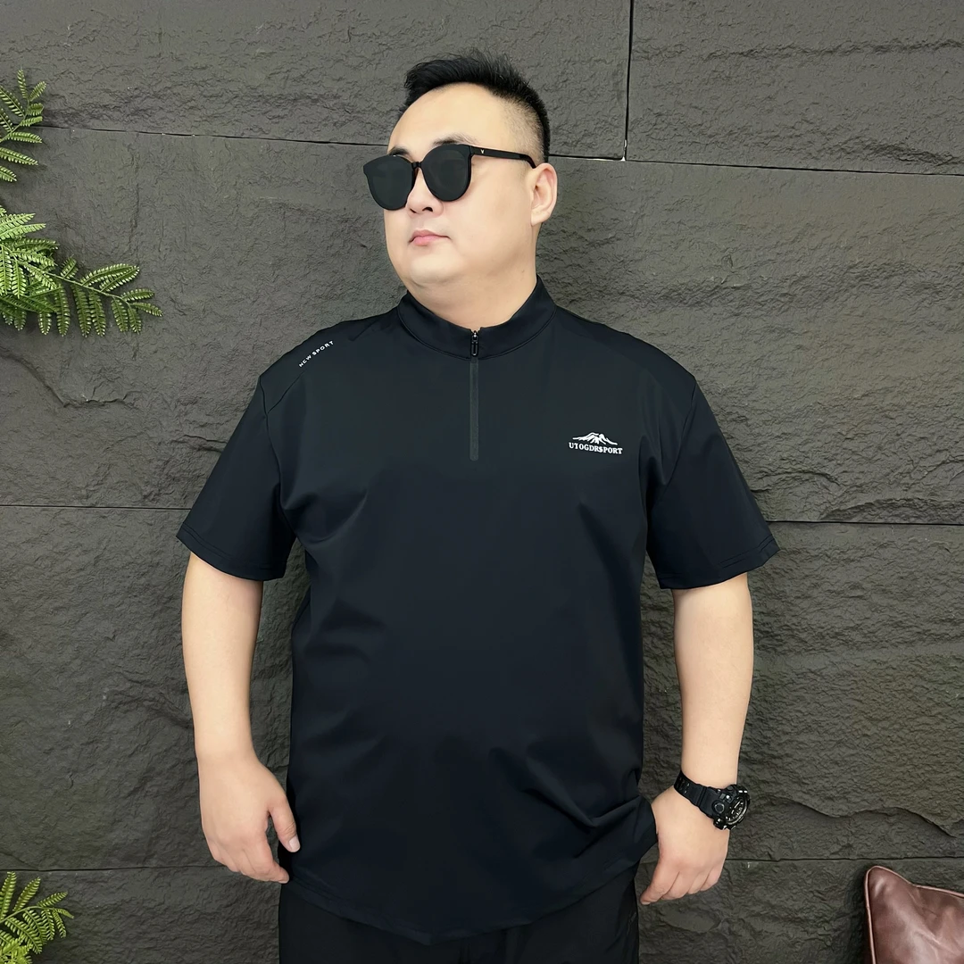 夏季新款 大码男装商务速干半袖 男士加大拉链立领冰丝短袖72523