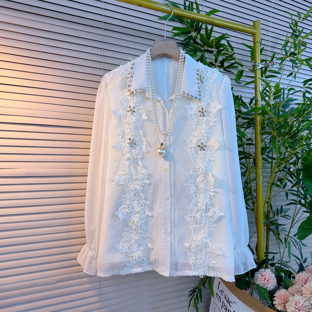 25066胖妹妹欧货重工立体花朵订钻设计感经典减龄显瘦百搭衬衫