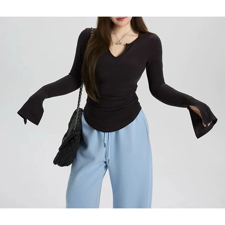 依二一大码“楚官腰Max版" 掐腰超级tee! u弧摆缩褶挖勺领上衣512