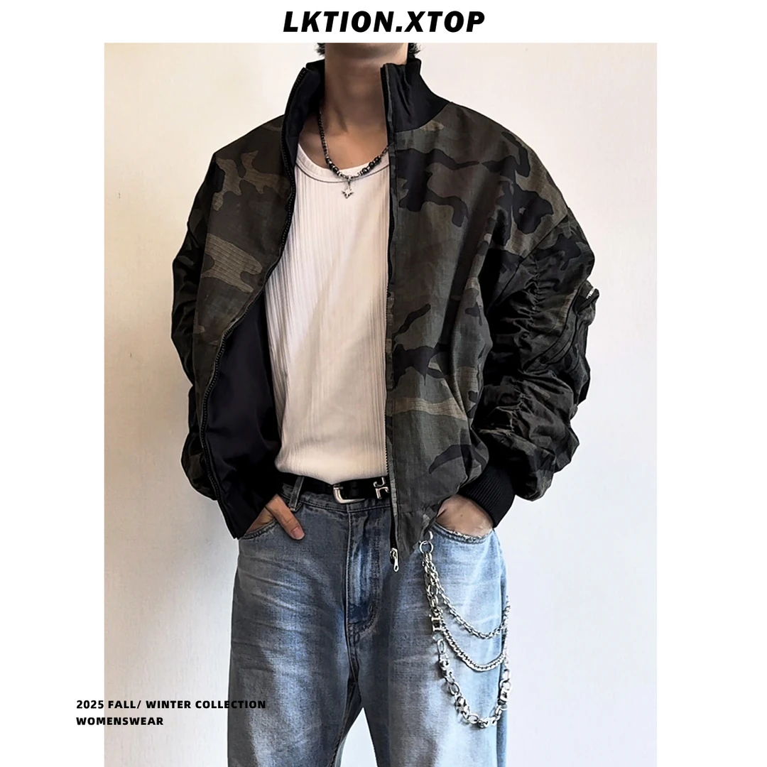 LK正品 痞帅潮新款美式短款复古百搭弯刀褶皱两面穿夹克男