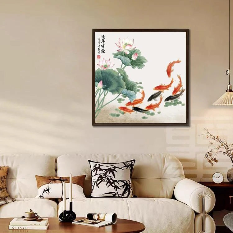 官刻《连年有余》50*50新中式荷花聚财图客厅玄关餐厅卧室装饰挂画