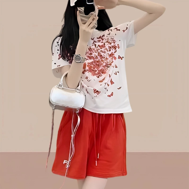 初春套装女2025新款爆款洋气印蝴蝶短袖短裤显瘦时尚休闲两件套女